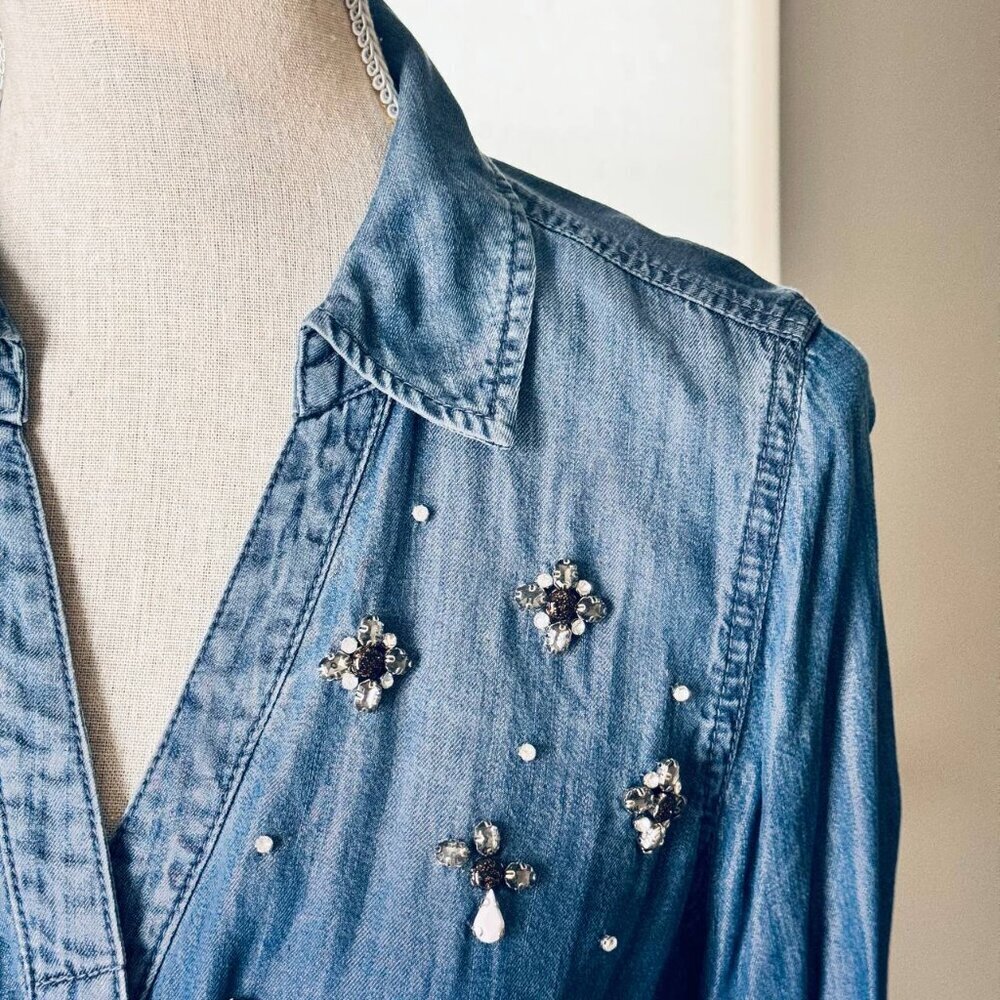 INC Unique Beaded Denim Long Sleeve Shirt - Size 4. - Picture 2 of 8